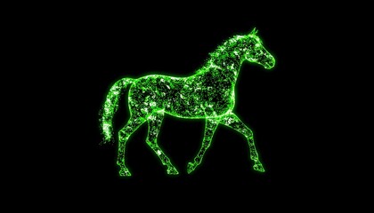 A vibrant green, digital rendering of a horse in motion against a black backdrop, showcasing its form through shimmering particles.