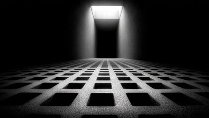 Empty,  lit corridor with grid floor