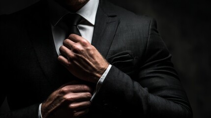 Stylish Businessman Fixing His Tie Under Moody Light, Highlighting Strength and Sophistication