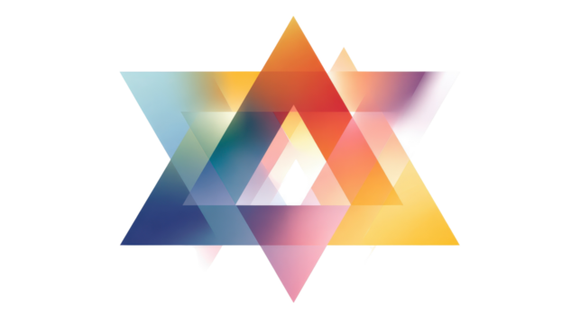 Abstract design with intersecting triangles and color shifts, isolated on a Transparent background, PNG file. - Powered by Adobe