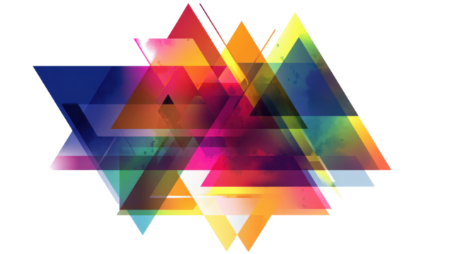 Abstract design with intersecting triangles and color shifts, isolated on a Transparent background, PNG file.