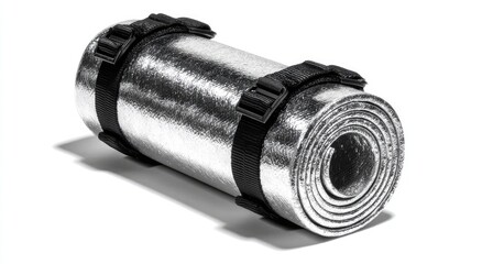 Rolled, reflective camping mat with straps