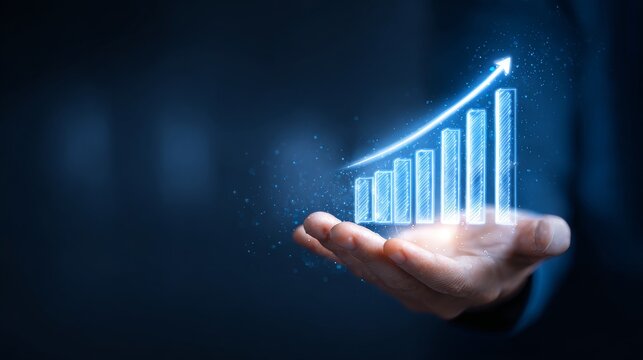 Modern Data Visualization Concept with Rising Bar Chart Projected in Mid-Air Above a Hand