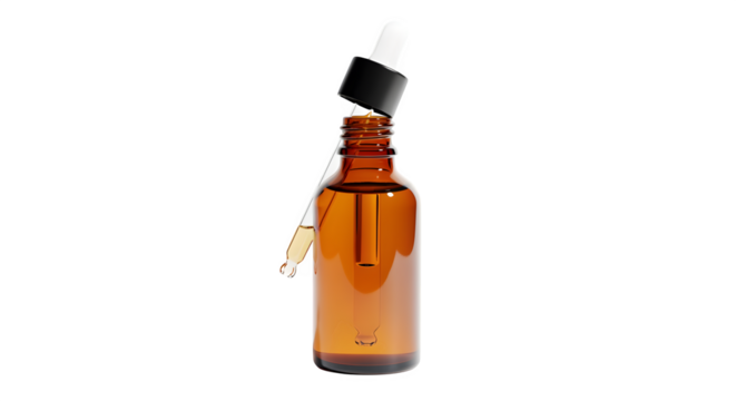 Amber skincare oil bottle with pipette dropper and soft shadows, isolated on white background
