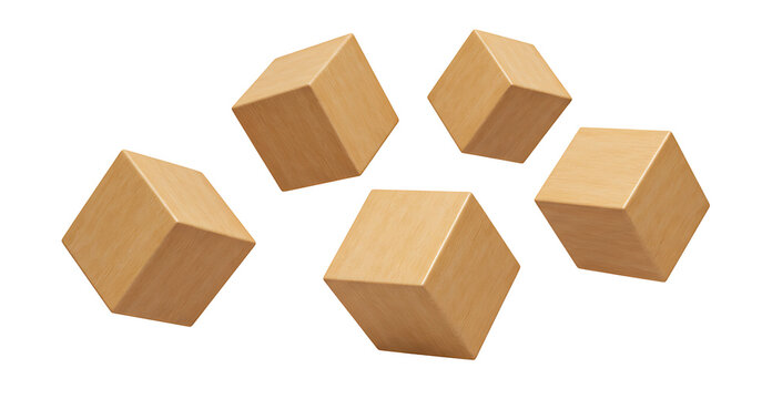 A cluster of five floating Blank wooden cubes isolated on transparent cutout background, cut out, png