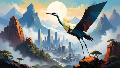A crane soars over a city and mountains