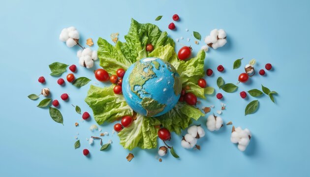 Earth made of food surrounded by fresh lettuce, tomatoes, raspberries, and cotton. This represents an eco-friendly campaign focused on reducing food waste and its impact on climate change.