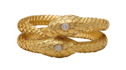 Bracelet designed as a snake wrapped around a wrist, with diamond eyes, isolated on a Transparent background, PNG file.