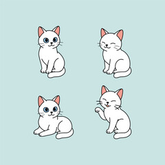Cute white cat in four different poses, vector illustration