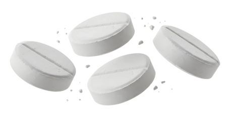 flying white medical tablets, isolated on transparent cutout background, cut out, png