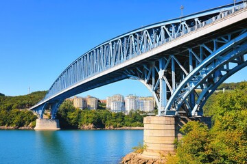 Obraz premium A blue steel bridge crosses a river with apartments and greenery along the banks, a sunny landscape