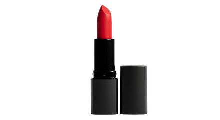 Fototapeta premium Classic red lipstick in matte black tube, cap open, isolated on white background