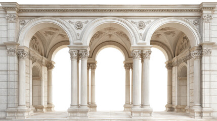 Obraz premium Classic Architecture: Elegant classical architecture with grand columns, arches, and intricate stonework, isolated on a Transparent background, PNG file.