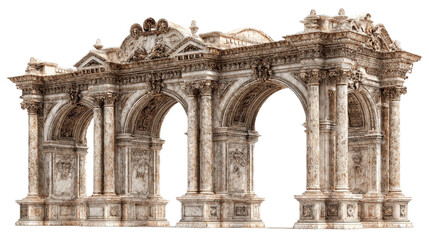 Obraz premium Classic Architecture: Iconic classic architecture with grand columns, arches, and intricate stonework, isolated on a Transparent background, PNG file.
