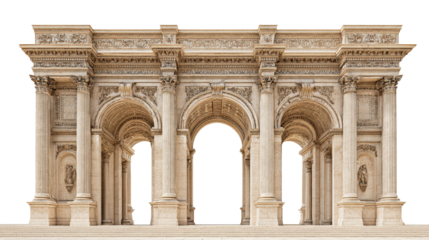 Classic Architecture: Elegant classical architecture with grand columns, arches, and intricate stonework, isolated on a Transparent background, PNG file.