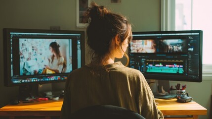 Woman working from home on computers