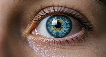 Macro Close-Up of a Human Eye with Blue Iris, Detailed Eyelashes, and Skin Texture, Revealing Blood Vessels and Reflection in the Eye, Beauty and Medical Concept