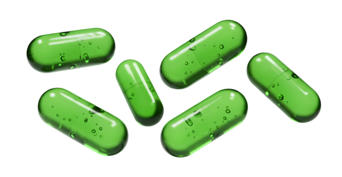 flying green capsules, isolated on transparent cutout background, cut out, png