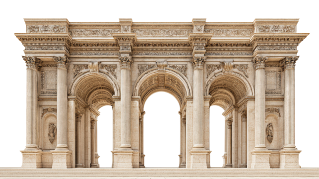 Classic Architecture: Elegant classical architecture with grand columns, arches, and intricate stonework, isolated on a Transparent background, PNG file.