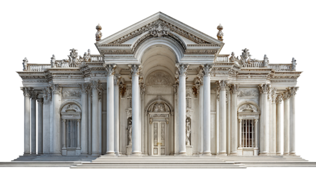 Classic Architecture: Iconic classical architecture with grand columns, arches, and intricate facades, isolated on a Transparent background, PNG file.