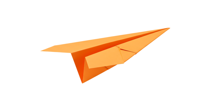 orange paper plane, isolated on transparent cutout background, cut out, png