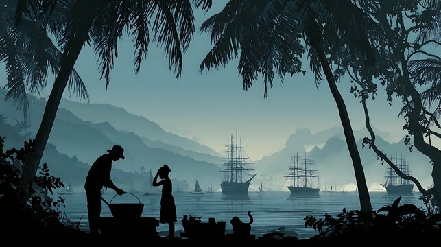 Father and daughter silhouettes stand on a tropical beach. Ships sail on the water. Use for travel, design, editorial. - Powered by Adobe