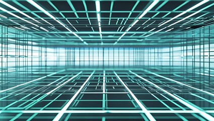 Abstract futuristic glowing blue grid structure creating a digital cyberspace tunnel with light effects