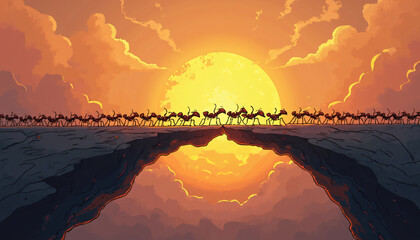 Ants Crossing a Rock Gap at Sunset