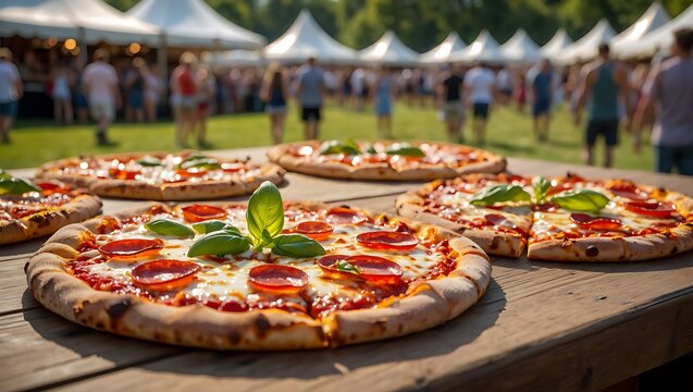 Delicious neapolitan pizzas ready to serve at an outdoor festival