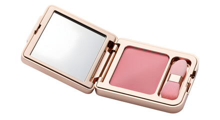 Compact blush with visible mirror and soft pink tone, isolated on white background