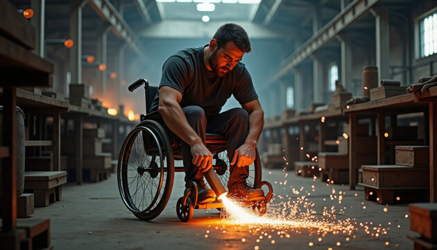 Disabled man in wheelchair forging metal with sparks flying in industrial workshop
