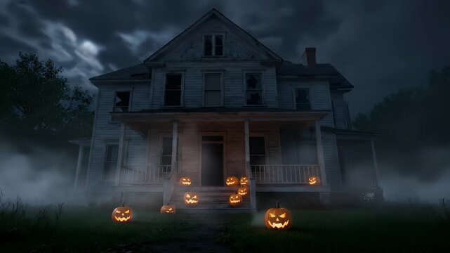 An eerie, abandoned house on a foggy night, illuminated by glowing jack-o'-lanterns on the porch, creating a spooky Halloween scene. - Powered by Adobe