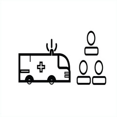 A simple, clean line-art vector icon of an ambulance and a group of medical staff. Represents emergency services and the paramedic team.