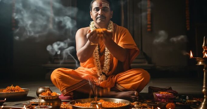 Devotee Priest Offering Prayers with Marigold Flowers and Incense Sticks Amidst Candlelight and Smoky Haze in a Temple Setting
