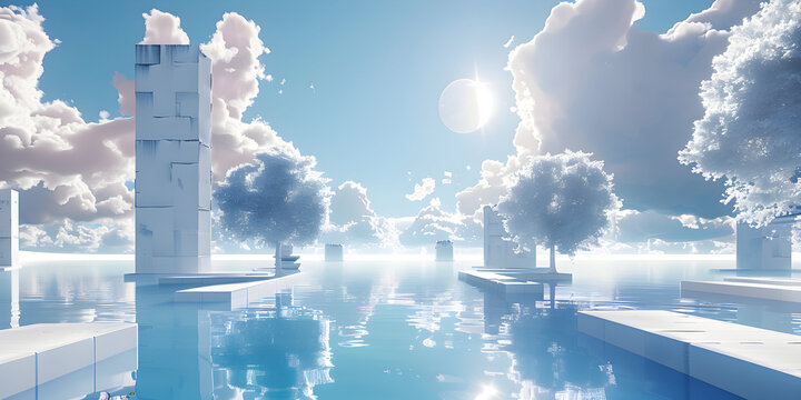 Experience serene architectural wonder with tranquil water reflections and bright, ethereal skies, creating a peaceful, modern escape for visionary projects.