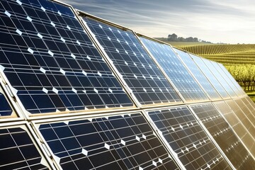 Obraz premium Photorealistic close-up of solar panels outdoors with vineyards and clear sky, showcasing details and reflections