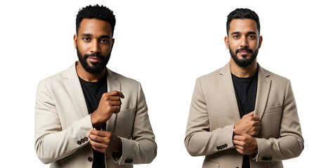 Two professional men in light beige are adjusting their cuffs, isolated on transparent cutout background, cut out, png