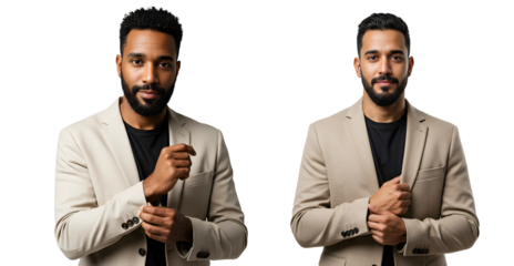 Two professional men in light beige are adjusting their cuffs, isolated on transparent cutout background, cut out, png