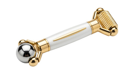 Double-ended serum roller with gold details, isolated on white background
