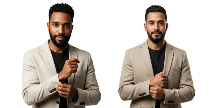 Two professional men in light beige are adjusting their cuffs, isolated on transparent cutout background, cut out, png - Powered by Adobe