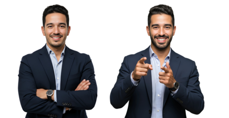Two confident business men standing side by side in matching navy blue suits, one with arms crossed and the other pointing forward with a smile, isolated on transparent cutout background, cut out, png
