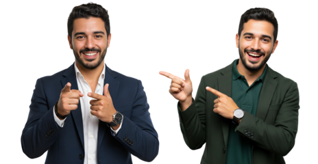 Two smiling businessmen pointing towards empty space with fingers, one in a suit, isolated on transparent cutout background, cut out, png