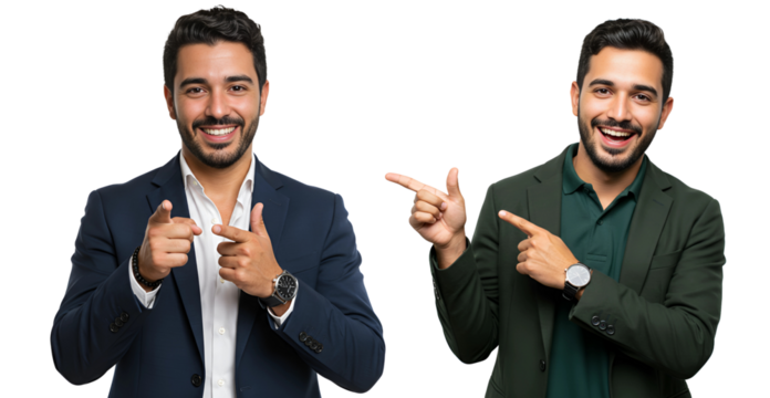 Two smiling businessmen pointing towards empty space with fingers, one in a suit, isolated on transparent cutout background, cut out, png