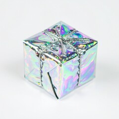 Small, cube-shaped gift box with iridescent holographic wrapping