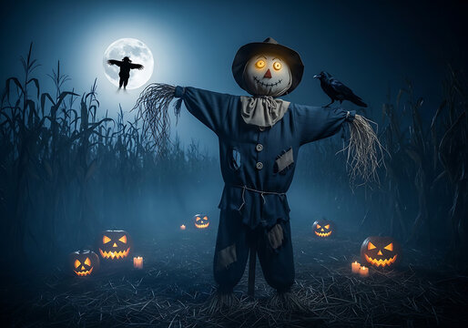 Scarecrow standing in a field at night with pumpkins and a crow under a full moon halloween scene