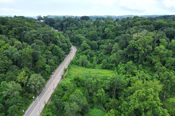 Commercial Street in Frick Park in the Swisshelm Park neighborhood of Pittsburgh, Pennsylvania, USA on a sunny summer day