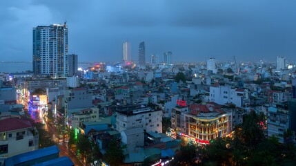 Naklejka premium A vibrant cityscape at twilight, showcasing modern high-rises and traditional architecture amidst illuminated streets.