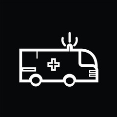 A simple and clean vector icon of an ambulance, rendered in white line art on a black background. Represents emergency response and medical services.