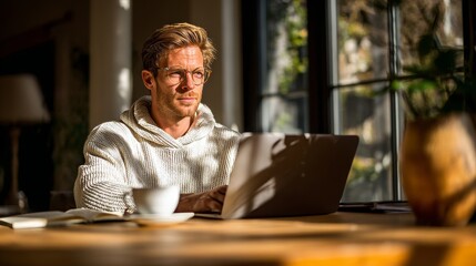 Golden Hour Workspace Scene Featuring Professional Man Typing on Computer Near Large Windows