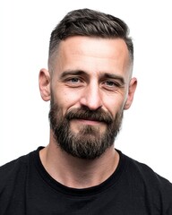 Obraz premium A handsome man with a beard, short hair cut, and a side-parted hairstyle is smiling and looking at the camera, isolated on a white background.